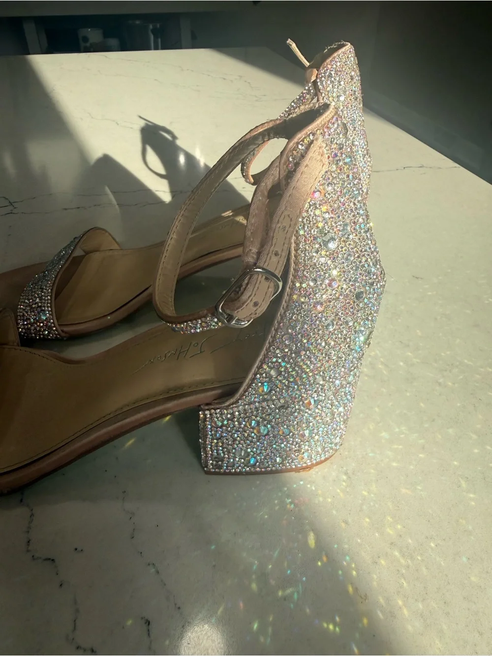 Betsey Johnson Beige Rhinestone Ankle Strap Block Heel Sandals Women's 8.5